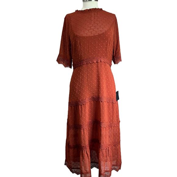 Lulus Dreaming of You Rust Orange Swiss Dot Midi Dress Size Large - Picture 1 of 10